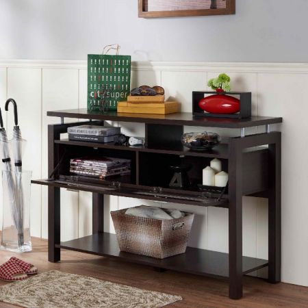 2 つの引き出しの上には小さなグリッド スペースがあり、短い鉄の柱と中央の仕切りを使用してコンソールのテーブルトップ全体を支えています。